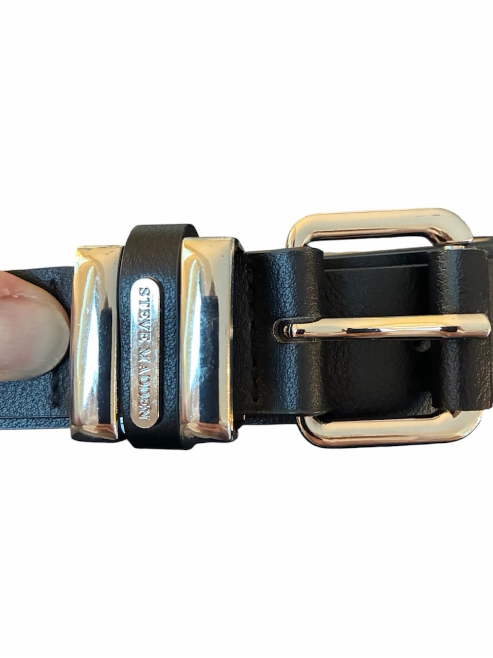 Steven By Steve Madden Black Leather Belt with Silver-Tone Buckle OneSize
